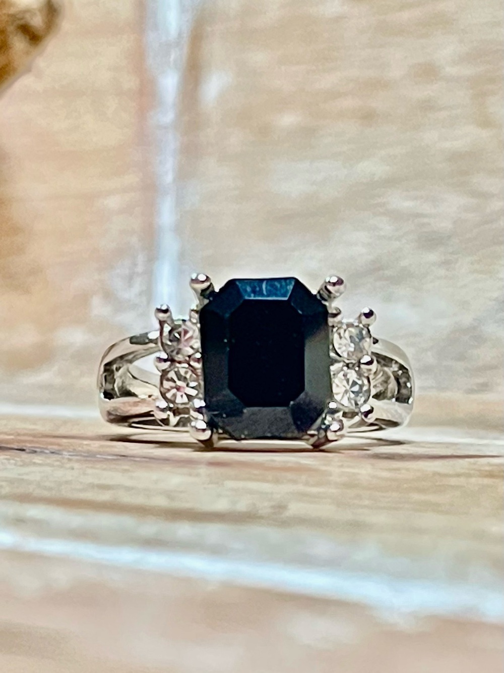 Sterling Silver Black Emerald-Cut Ring with Clear Accent Stones